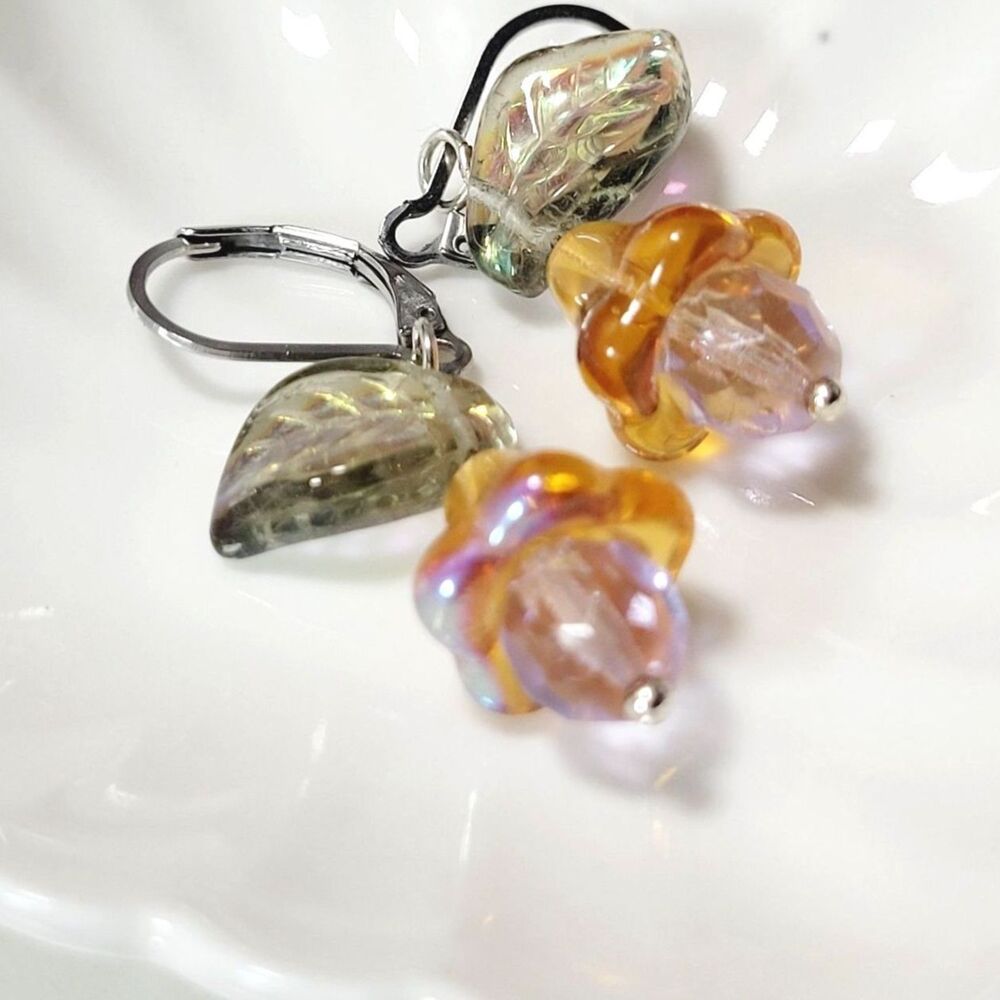 Amber Glass Stainless Steel Leverback Hidden Meaning earrings Floral Fae , 664■